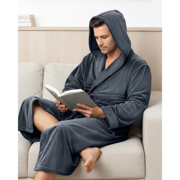 Mens Robe with Hood Luxury Plush Fleece Hooded Bathrobe Spa Bath Robe for Men - Picture 4 of 7